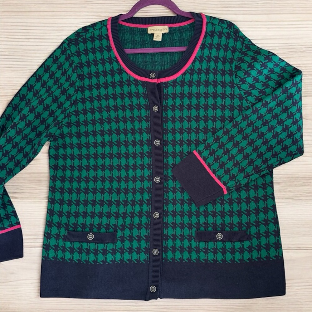 APPLESEED’S SWEATER/CARDIGAN. SIZE XL BUTTONED, NAVY/GREEN HOUNDSTOOTH, VINTAGE